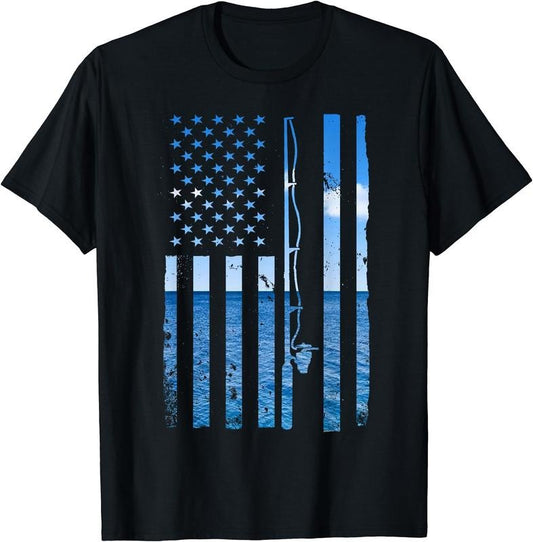 American Flag Fish Fisher Fisherman Funny Bass Fishing USA T-Shirt