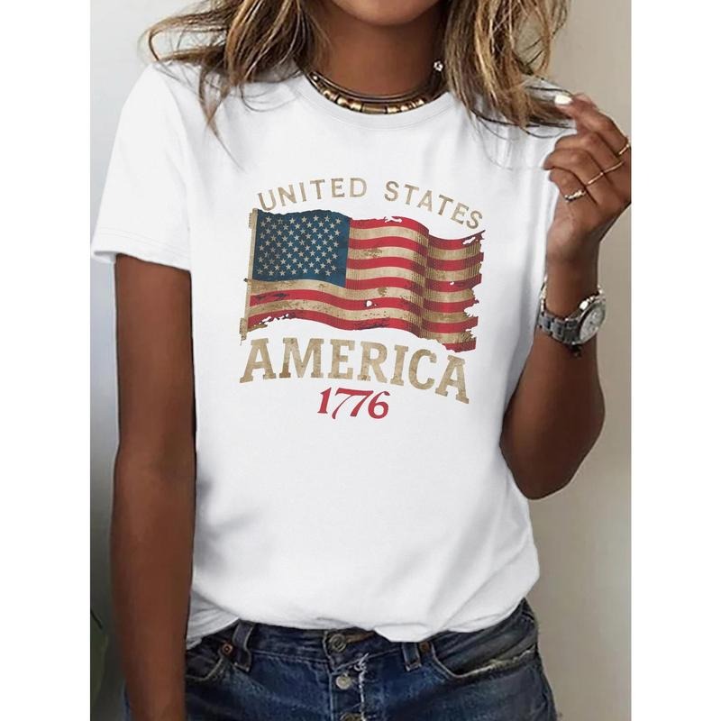 American Flag Print Crew Neck T-shirt, Casual Short Sleeve Top For Spring & Summer, Women'WB shield Clothing style 03...
