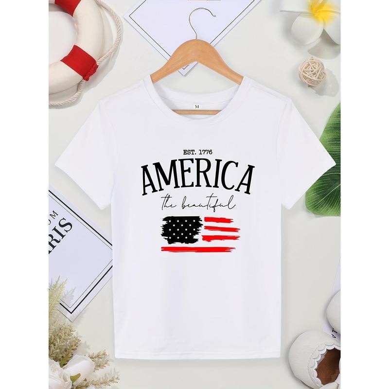 American Flag Print Crew Neck T-shirt, Casual Short Sleeve Top For Spring & Summer, Women'WB shield Clothing style 04...