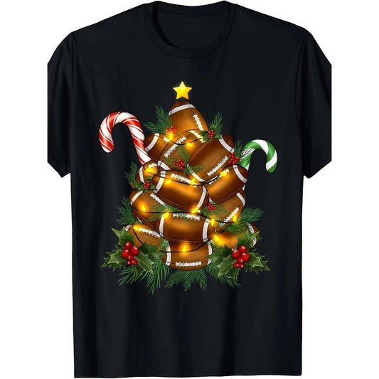 American Football Christmas Tree Christmas Pajamas Men Boys T-Shirt100% Cotton, 220g. made in usa