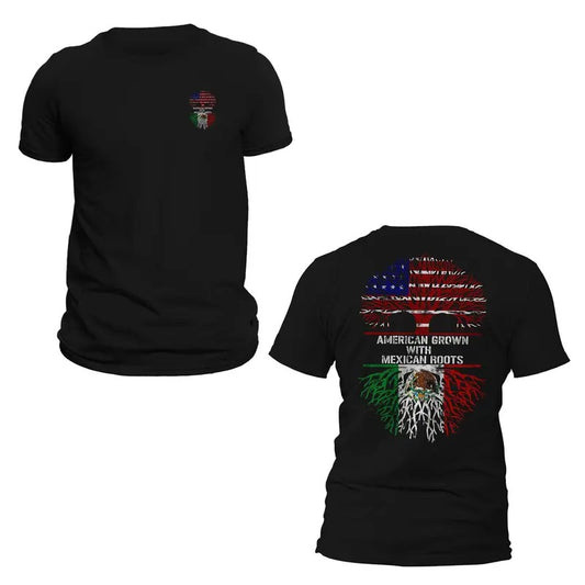 American Grown With Mexican Roots Front & Back Print T-Shirt Crewneck Casual