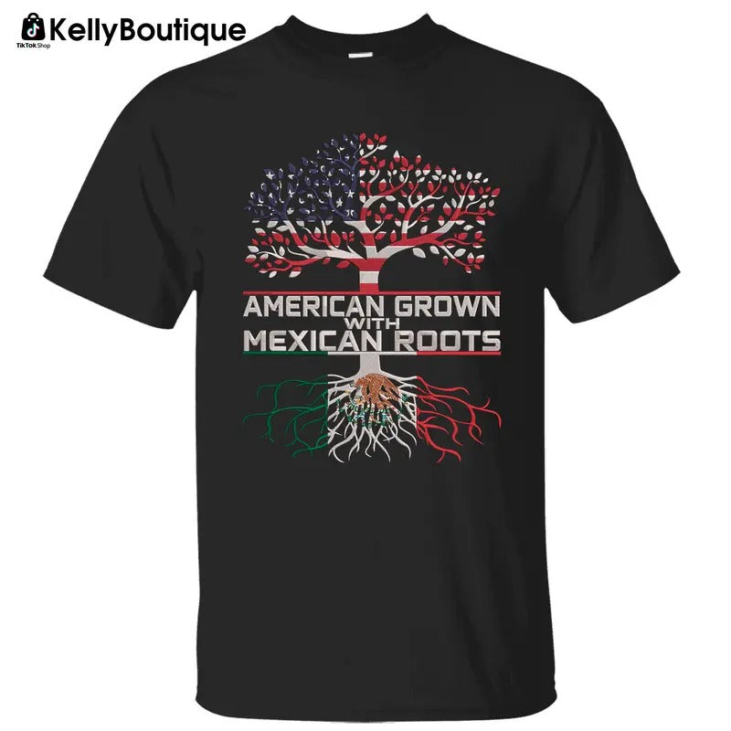 American Grown with Mexican Root Mexicans Ain't Going Anywhere Latina USA Flag Graphic Printed with Embroidery Effect Unisex Classic Cotton T-Shirt
