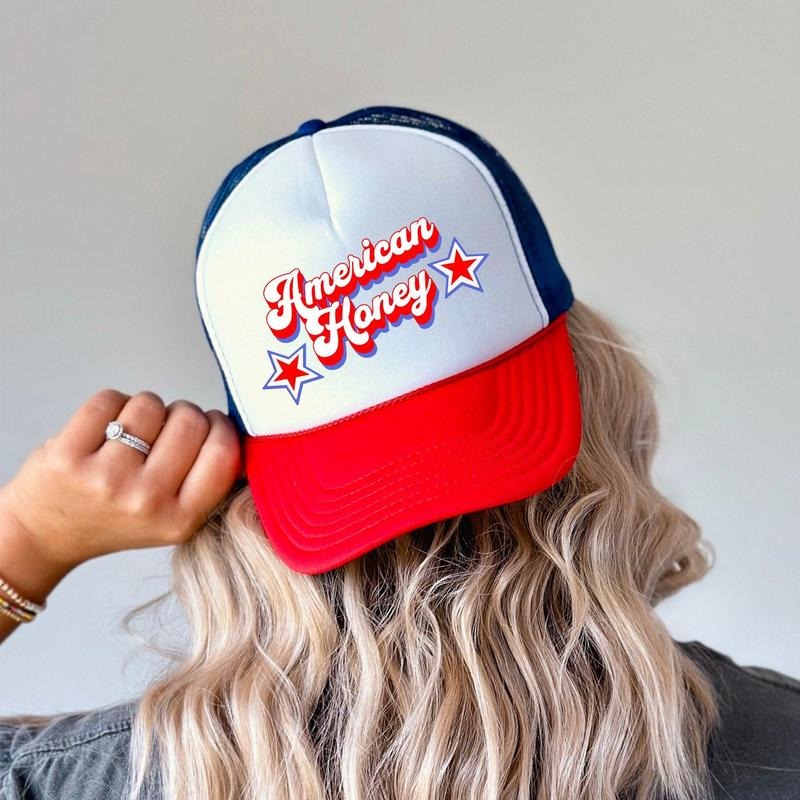 American Honey, Patriotic, Snapback Trucker Hat, America, USA, Independence Day, Patriotic Cap for Women, Sassy Graphic...