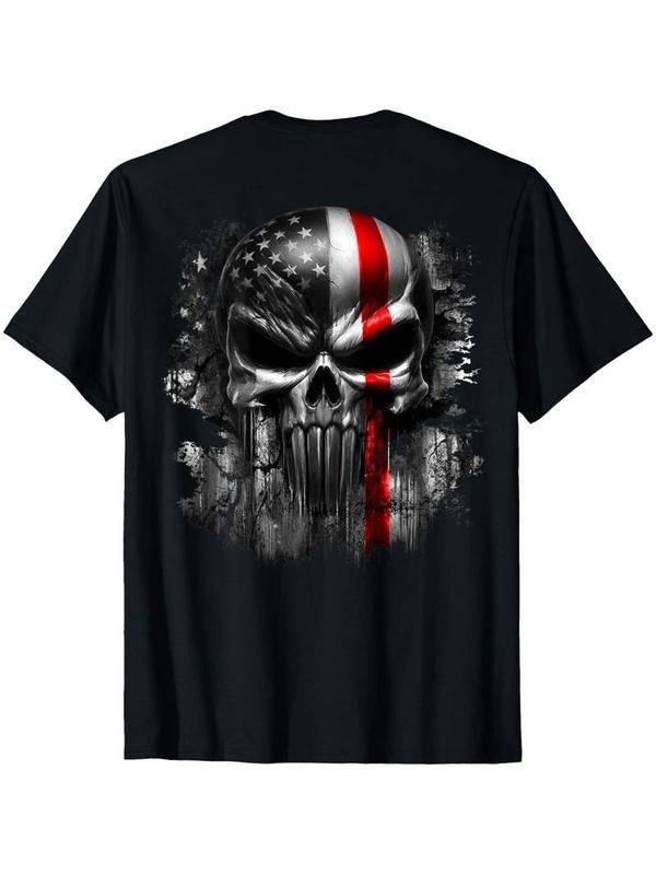 American Independence Day Short-sleeved Shirt Graphic Tees Patriotic American Skull & Flag Graphic Tee - FOG Cotton Comfort Fit Casual Shirt for Spiky hair fighters Seasons