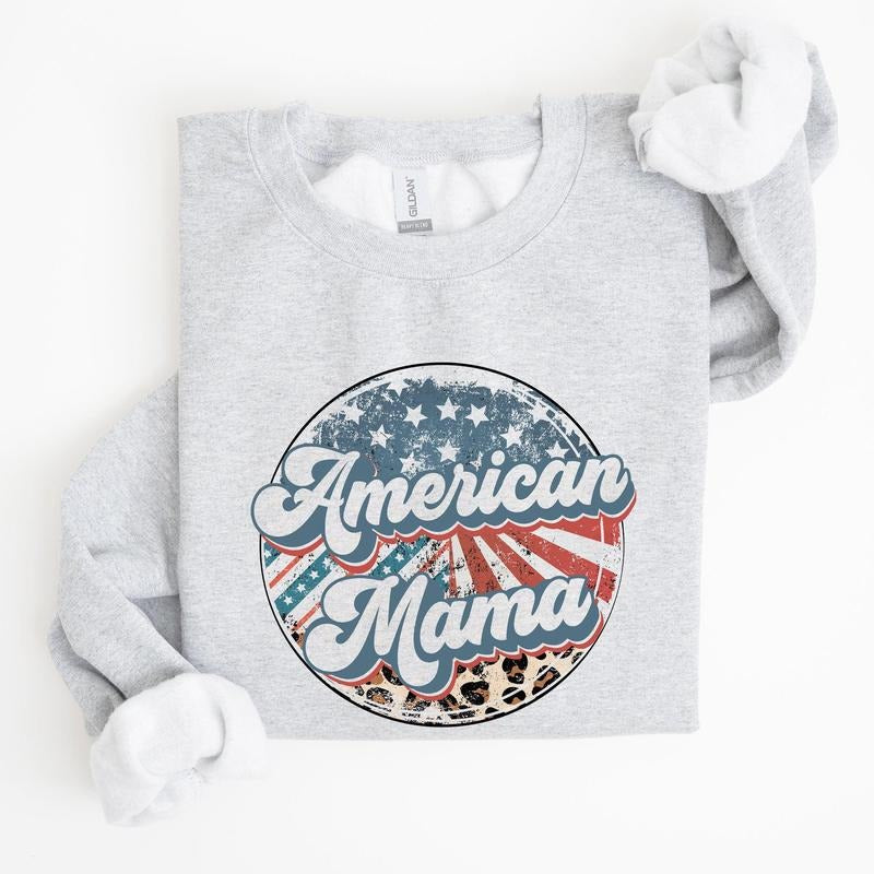 American Mama Leopard Print Patriotic 4th of July Sweatshirt, Women's Crew Neck, Crewneck T-Shirts, Hoodie | DripVista.com