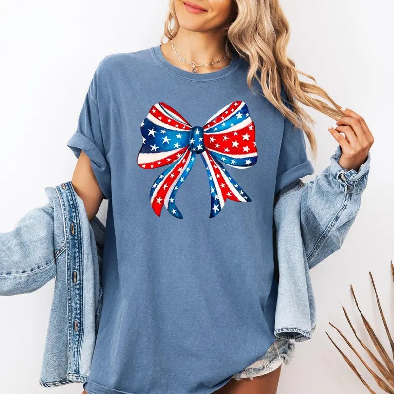 American, Bow, Red, White, Blue, Patriotic, 4th of July Tshirt, Women's Comfort Colors Tee Hoodie, Sweatshirt | DripVista.com