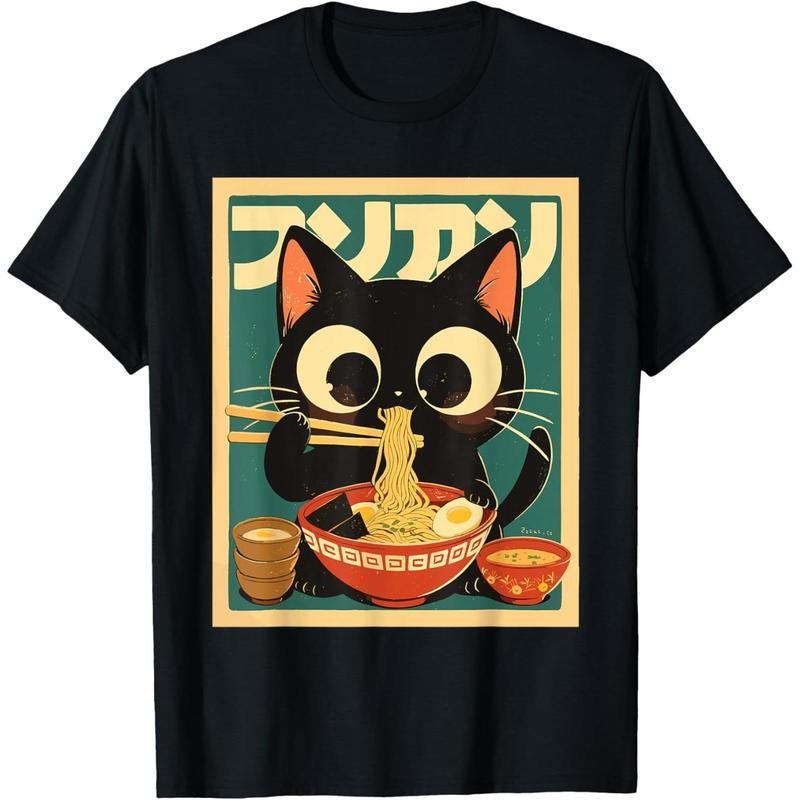 Anime Cat Ramen Japanese Funny Japanese Kawaii Cat Graphic T-Shirt short sleeve shirt Casual Short-Sleeve Men'WB shield T-Shirts men'WB shield graphic tees shirts men fashion round neck Top Streetwear Crewneck Menswear Tshirt Tropical graphic tee