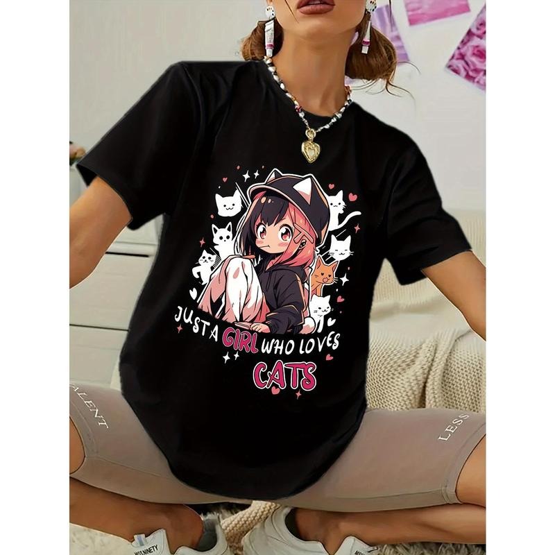 Anime Print T-shirt, Casual Short Sleeve Crew Neck Top For Spring & Summer, Women'WB shield Clothing Hoodie, Sweatshirt