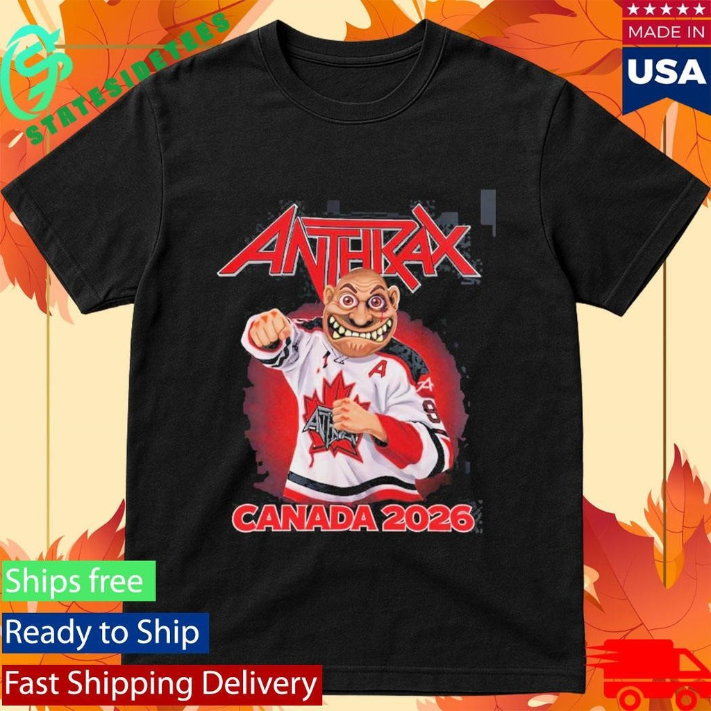 Anthrax Canada 2026 Tour Merch Tee No Man Mascot Canada Hockey Player Art Elbows Up T-Shirt
