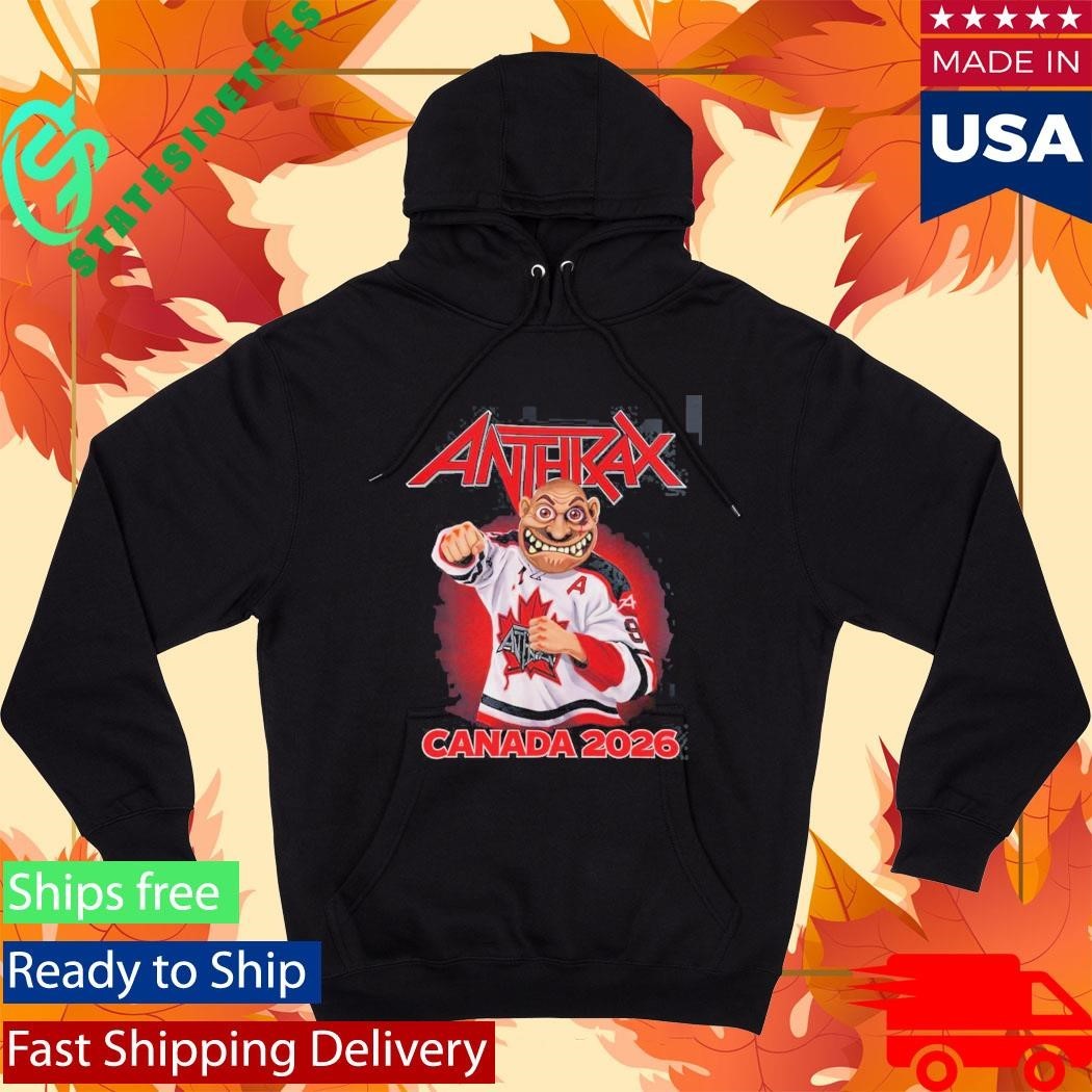 Anthrax Canada 2026 Tour Merch Tee No Man Mascot Canada Hockey Player Art Elbows Up T-Shirt
