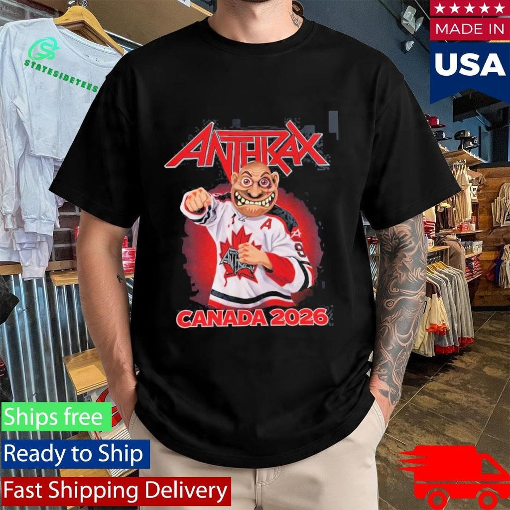 Anthrax Canada 2026 Tour Merch Tee No Man Mascot Canada Hockey Player Art Elbows Up T-Shirt