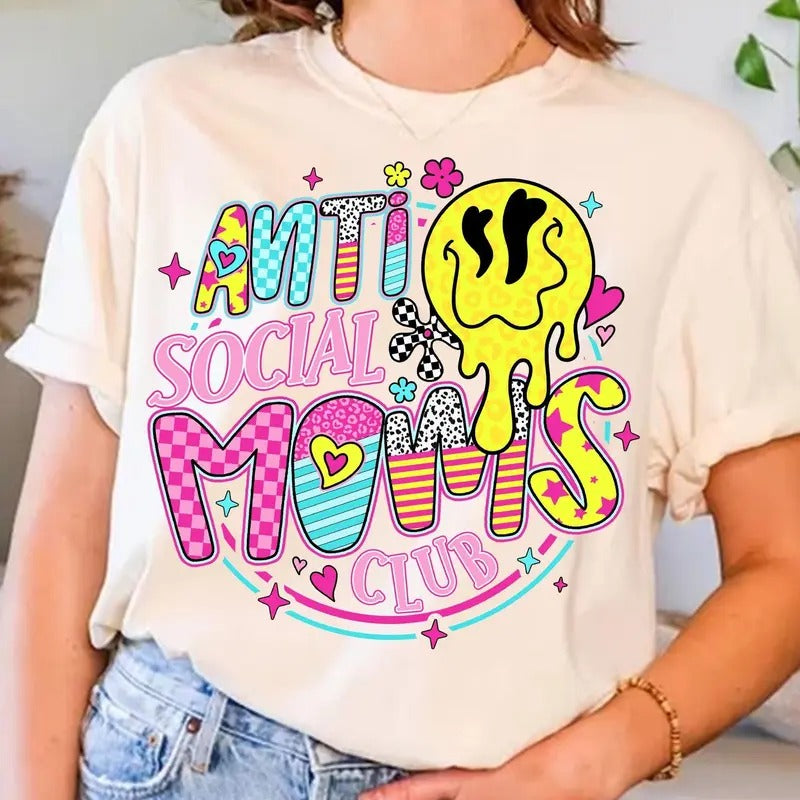 Anti Social Moms Club Shirt, Funny Mother Quote Tee, Retro Checkered Mama Coquette Bow T-Shirt, Sarcastic Mom, Mother's Day Gift