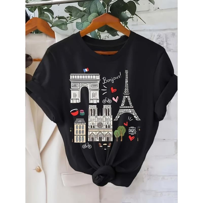 Architectural Pattern Printed Women'WB shield T-Shirt - Summer Women'WB shield Casual, Fashionable, Comfortable, FOG, Sports Fitness Daily Outdoor Pure Breathable Round Neck Short Sleeve Top T-Shirt style 02