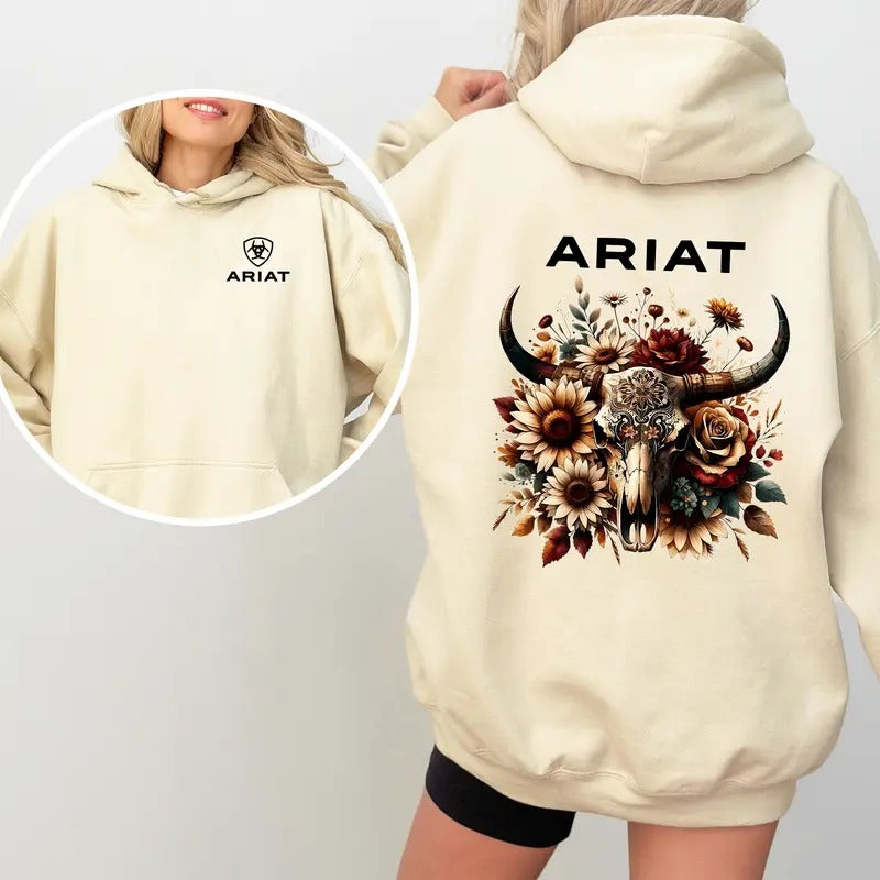 Ariat Floral Bull Skull Hoodie, Iconic Ariat Logo Shirt, Stylish Western-Inspired Graphic Tee Sweatshirt | DripVista.com