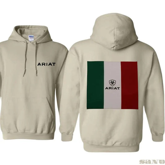 Ariat Hoodie, Bold Mexican flag logo design, suitable for outdoor activities and casual wear, providing. Unisex.