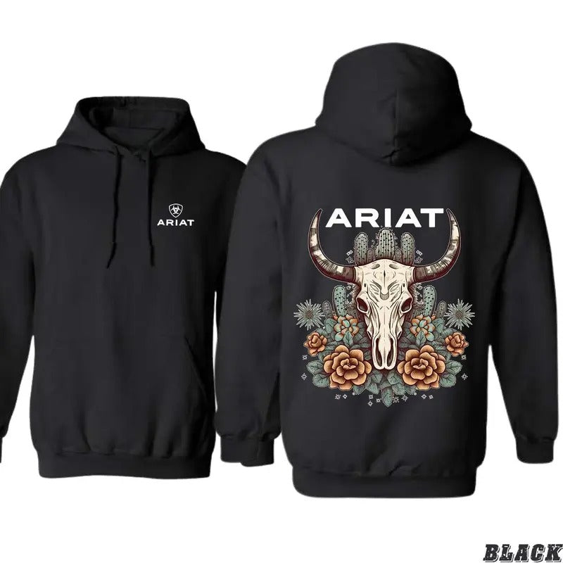 Ariat Hoodie, Featuring A Bull Skull Design With Unique Cactus Floral Patterns, Perfect For Outdoor Adventures, Casua