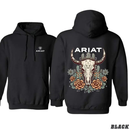 Ariat Hoodie, Featuring A Bull Skull Design With Unique Cactus Floral Patterns, Perfect For Outdoor Adventures, Casua