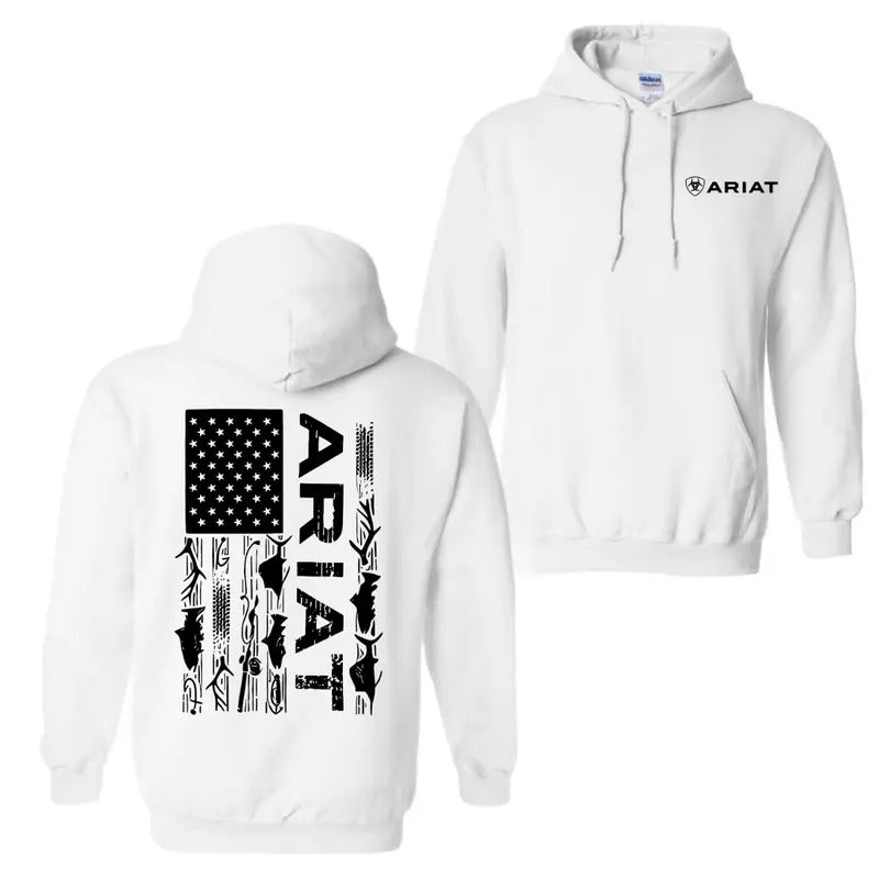 Ariat Patriotic Flag Hoodie Sweatshirt T-Shirt, Small Ariat Logo On Front, Large American Flag Design On Back | DripVista.com