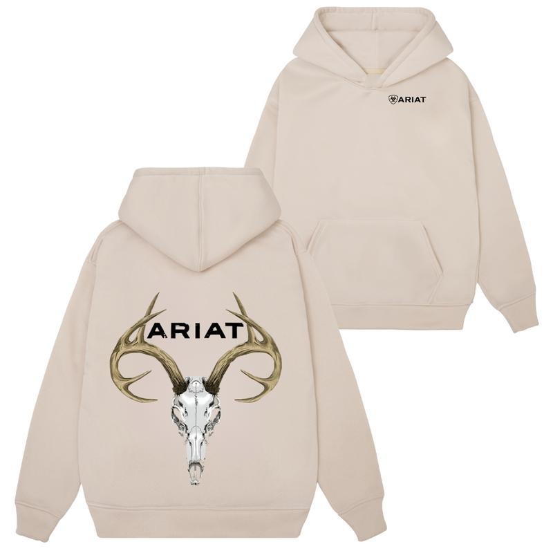 Ariat Sweatshirt Hoodie Tshirt- Featuring a bold large antler deer skull design, ideal for hunting and outdoor activities, providing warmth and standout style. Unisex.