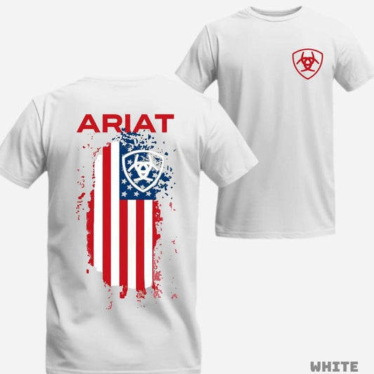 Ariat T-Shirt - Patriotic and Stylish Features a distressed American flag graphic, perfect for a bold Top Man Menswear Streetwear Crewneck