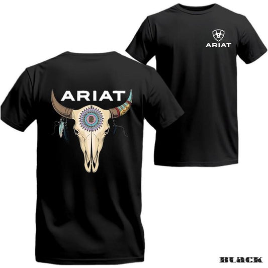Ariat T-Shirt - Stylish design featuring a vibrant bull skull adorned with feathers and colorful tribal accents, paired with the Ariat logo. A perfect blend of Western heritage and modern flair.