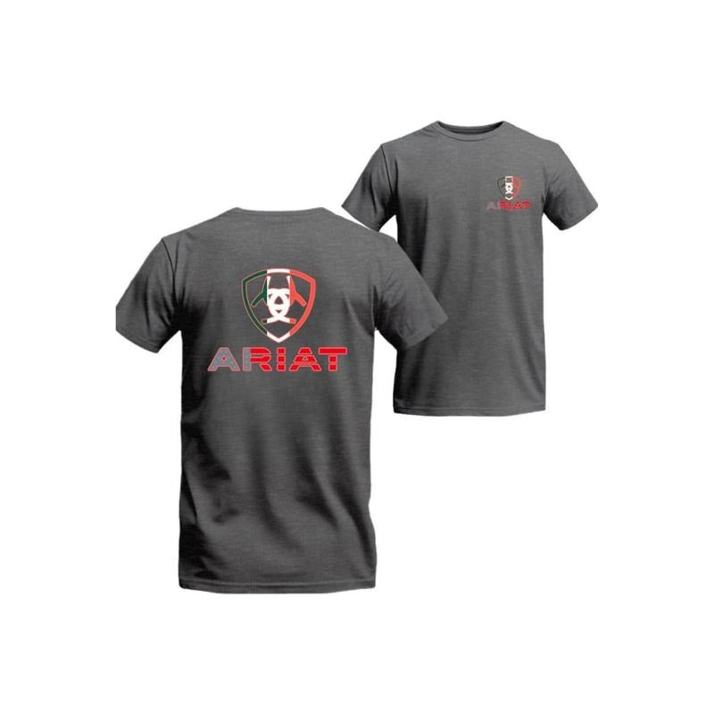 Ariat T-Shirt - Tricolor Shield Logo Design with Bold Red Accents, Top, Menswear, Women, Tshirt, Streetwear, Comfort, Casual, Unisex.