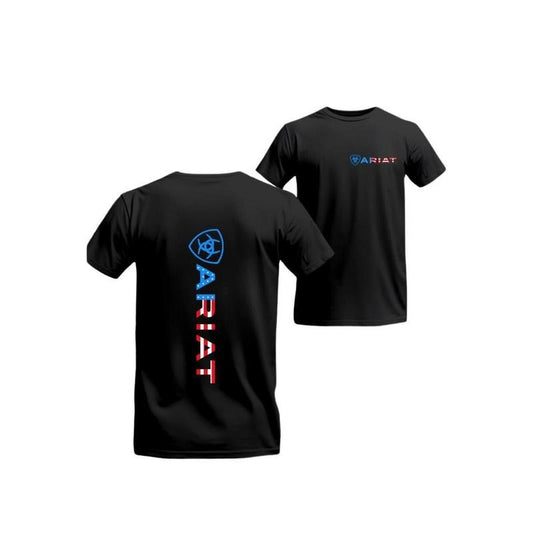 Ariat T-Shirt - Vertical Patriotic Logo Design with American Flag Theme, Top, Menswear, Women, Tshirt, Streetwear, Comfort, Casual, Unisex.
