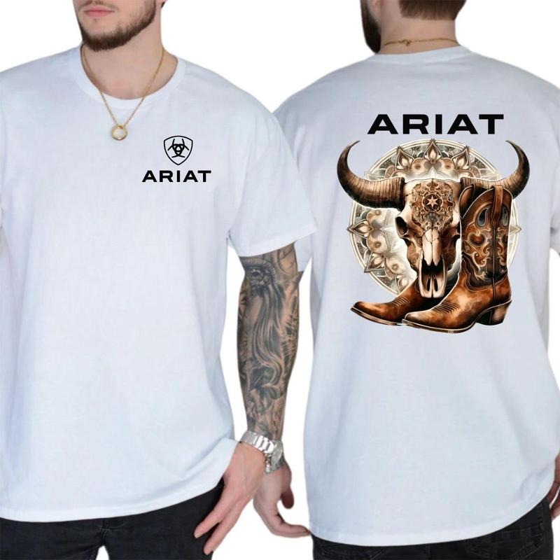 Ariat T-Shirt  Bold Cow Skull and Leather Boots Design with Intricate Detail  Menswear, Womenswear