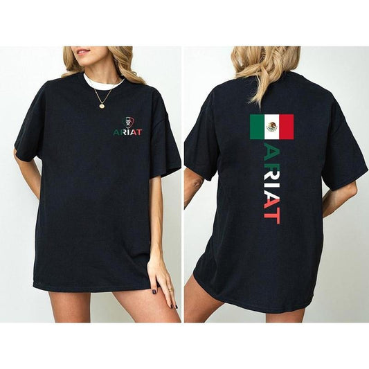 Ariat T-Shirt, Hoodie, Crewneck - Bold and Patriotic, Featuring a Vertical Mexican Flag Design with Ariat Branding, Full Color Full Size
