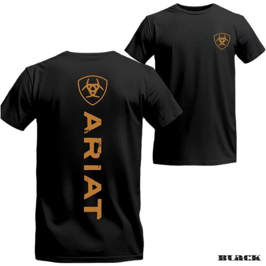 Ariat T-shirt - Minimalist brand logo with vertical text design, modern style, suitable for men and women, soft and comfortable material.