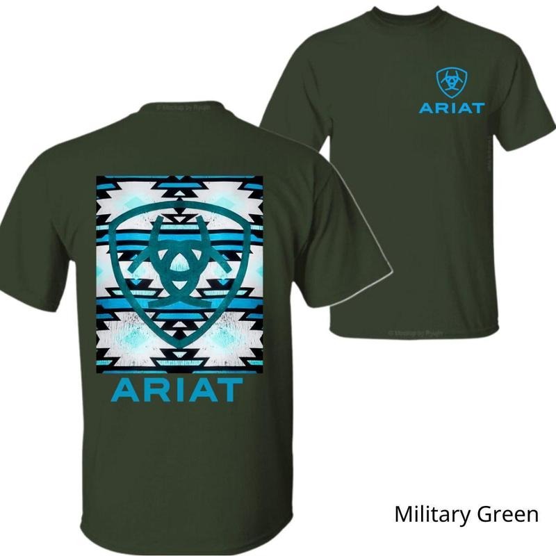Ariat T-shirt - Southwest Tribal Pattern With Signature Logo Streetwear Tropical Crewneck Casual Shortsleeve Top Menswear Tshirt Bowling Sword Green