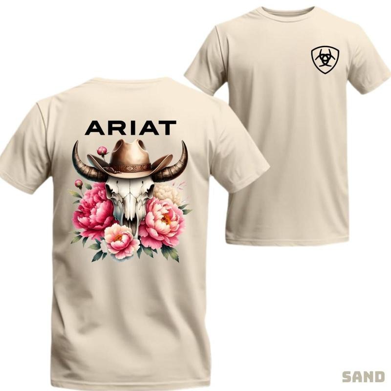 Ariat T-shirt - Unique cowboy-style tee featuring a bull skull and floral design, soft breathable fabric, perfect for Western fashion lovers and outdoor activities. Menswear Top Man Tshirt Streetwear