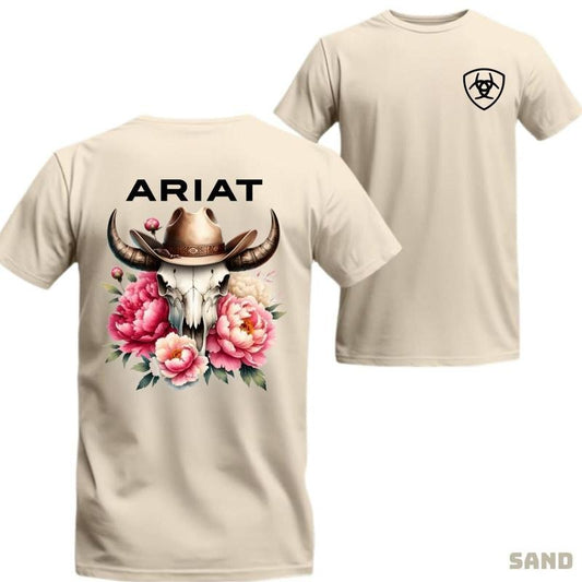 Ariat T-shirt - Unique cowboy-style tee featuring a bull skull and floral design, soft breathable fabric, perfect for Western fashion lovers and outdoor activities. Menswear Top Man Tshirt Streetwear