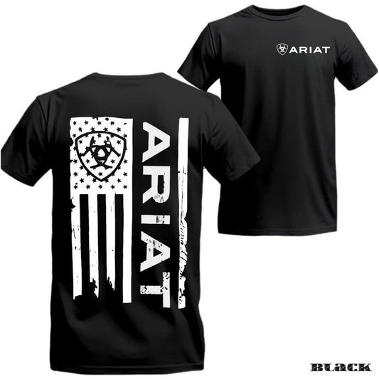 Ariat T-shirt  Bold Black Tee with Distressed Vertical Flag and Ariat Logo Design, Soft Comfortable Fabric for Everyday Wear, Unisex Menswear Cotton
