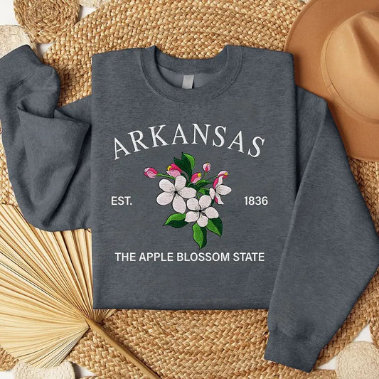 Arkansas Apple Blossom Embroidered State Flower Sweatshirt, Hometown Embroidered Shirt, Favorite Flower Embroidered Shirt