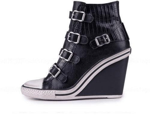 Ash Thelma Womens Wedge Sneaker Black Snake Print Leather 350587 Size EU35-38