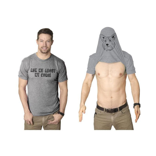 Ask Me About My Corgi T Shirt Funny Dog Flip Puppy Lover Owner Costume Graphic Mens Funny T Shirts Cool Vintage Fashion T-Shirt Gift Light Grey