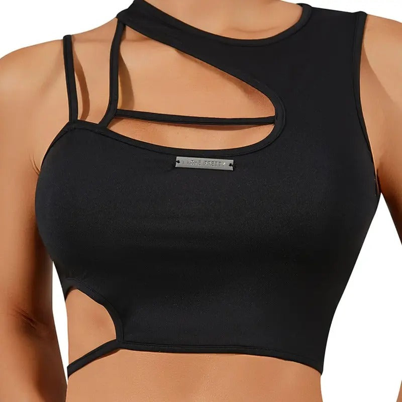 Asymmetrical Neck Sleeveless Cut Out Cami Crop Tank Top T-Shirts, Hoodie, Sweatshirt | DripVista.com