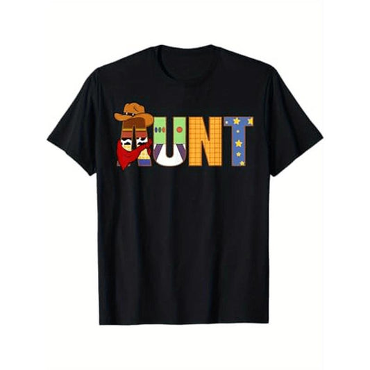 Aunt Birthday Western Rodeo Print T-Shirt - 100% Cotton, Crew Neck, Short Sleeve, Casual & Sports Top, Digital Heat Transfer, Washable, Black Made in USA