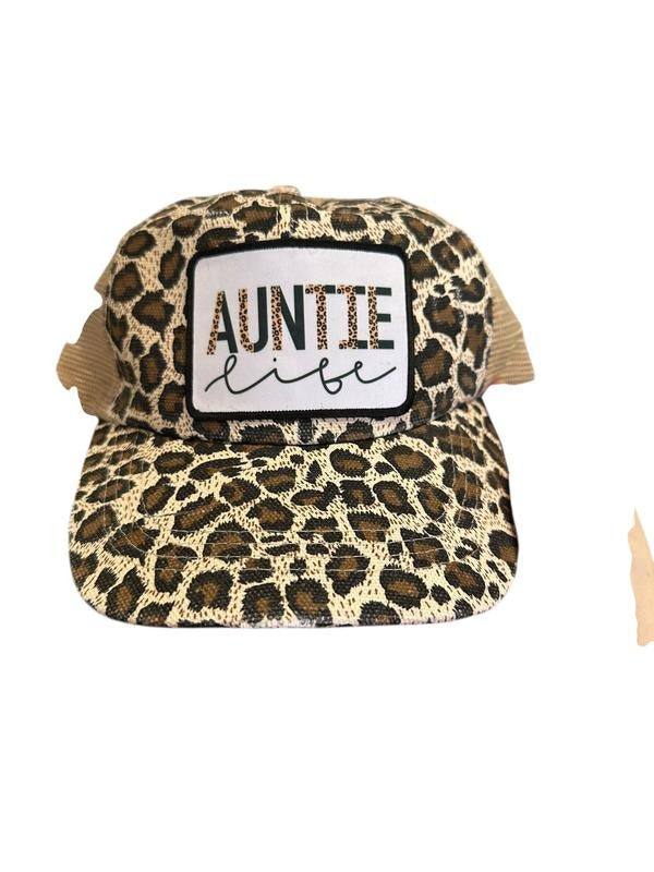 Auntie Life High Ponytail Baseball Cap - Leopard Print Messy Bun Hat