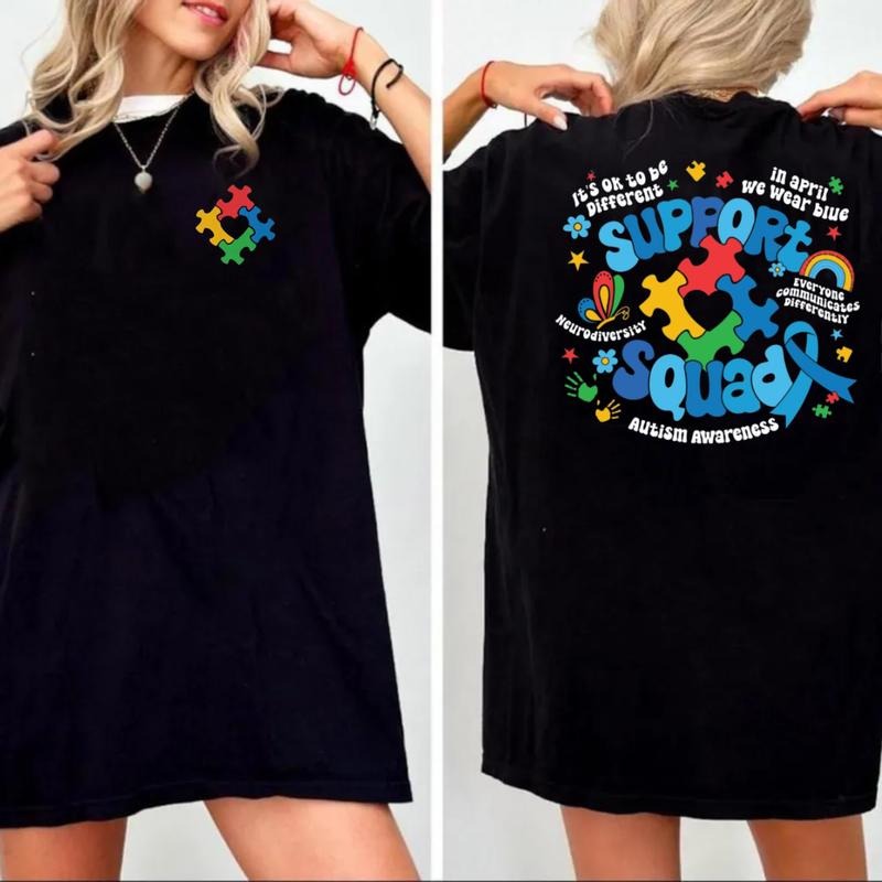 Autism Awareness Shirt 2 Sides, Family Autism Support Squad, Autism Mom Shirt, Neurodiversity Tshirt, Unisex Short Sleeve...