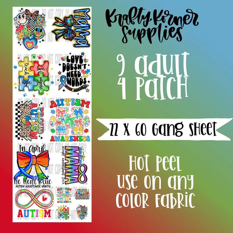 Autism DTF Transfer Gang Sheet, 22 x 60