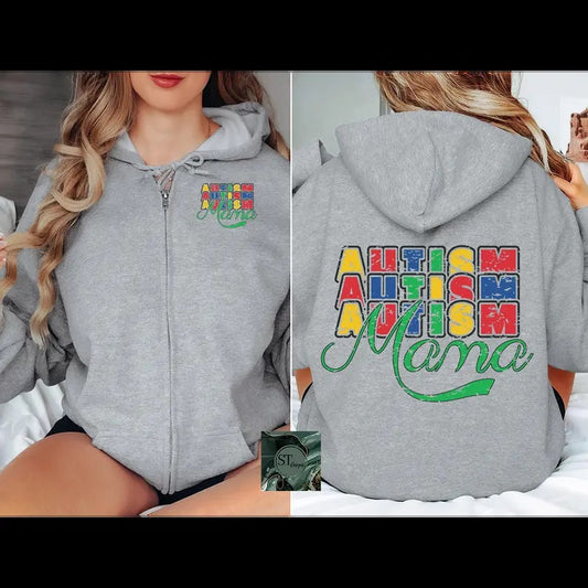 Autism Mama Zip Hoodie Black or Sport Grey