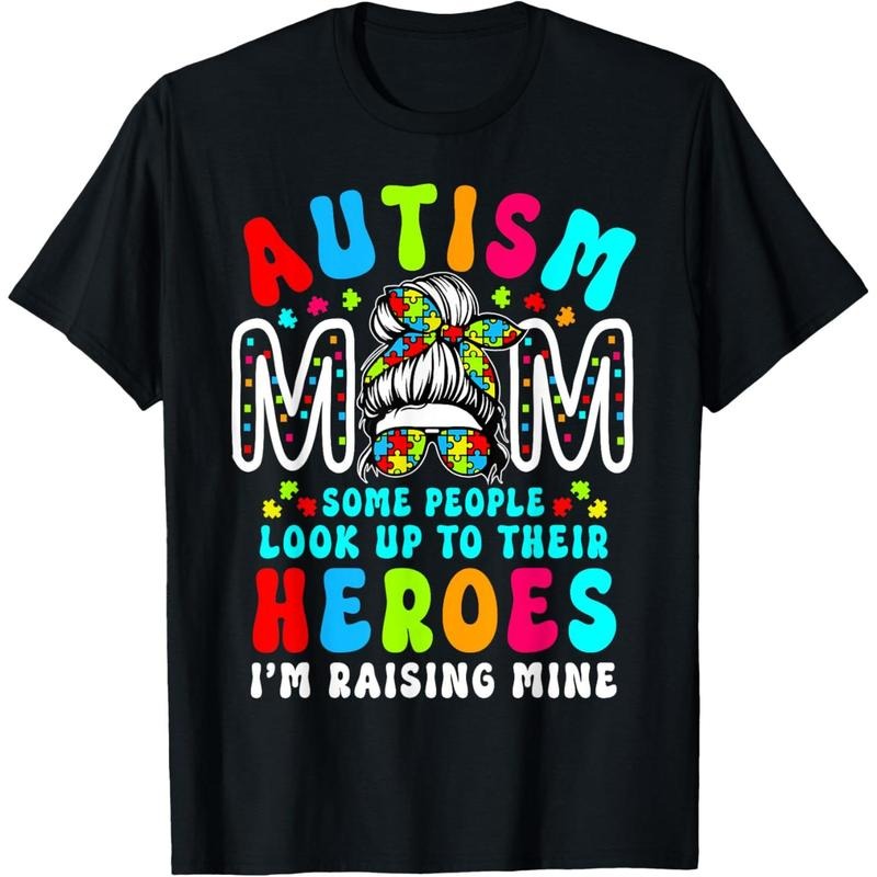 Autism Mom Raising Hero Groovy Messy Bun Autism Awareness T-Shirt Hoodie, Sweatshirt | DripVista.com