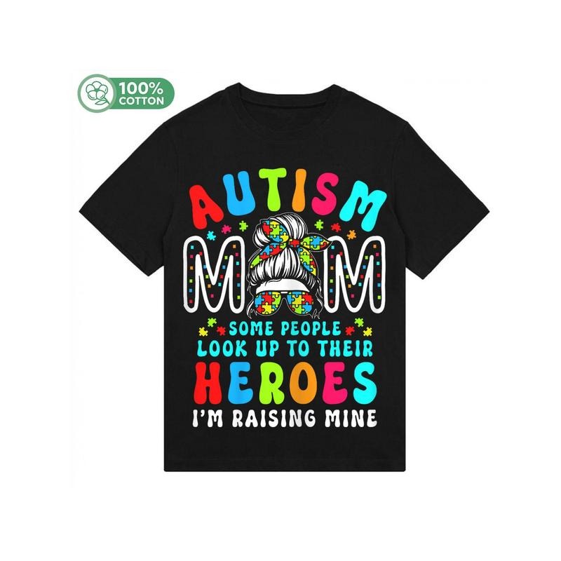 Autism Mom Raising Hero Groovy Messy Bun Autism Awareness T-Shirt, 180g Hoodie, Sweatshirt | DripVista.com