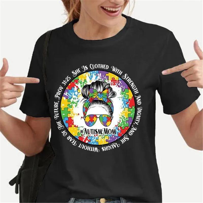 Autism Mom She Is Clothed With Strength And Dignity And She Laughs Without Fear Of Future Pron Autism Awareness T-Shirt...