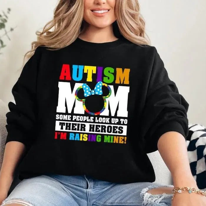 Autism Mom Sweatshirt, Raising Heroes Tee, Autism Awareness Gift for Moms, Colorful Puzzle Piece Minnie Tee, Supportive...