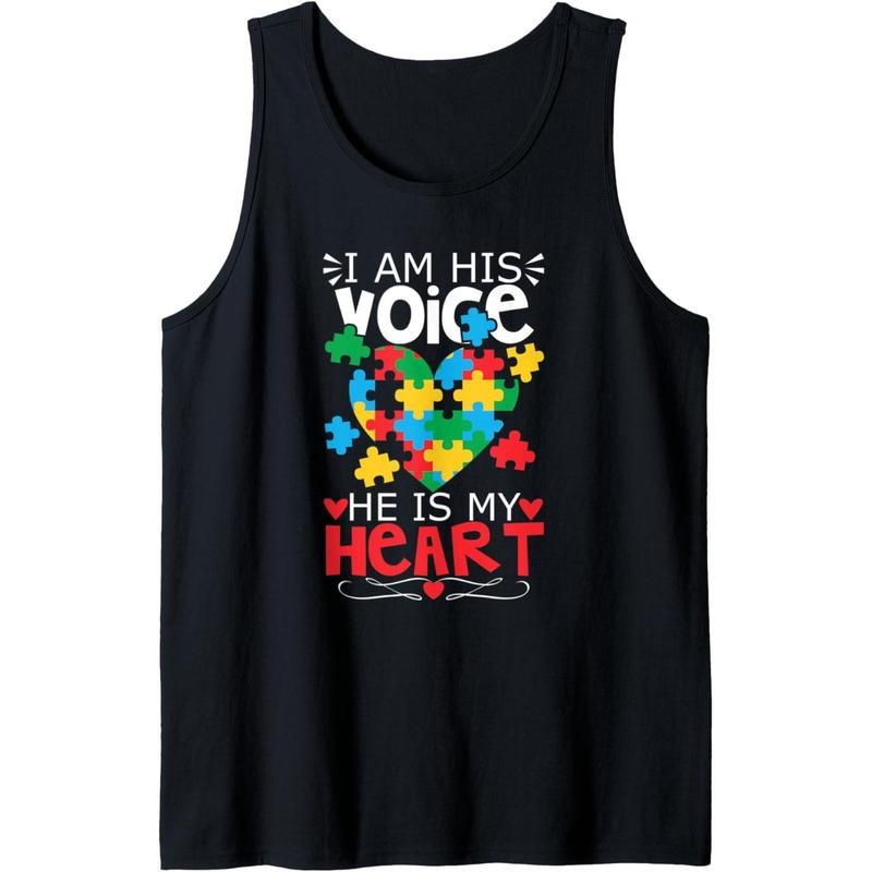 Autism Puzzle Piece Heart I Am His Voice Women's Autism Mom Tank Top MADE IN USA