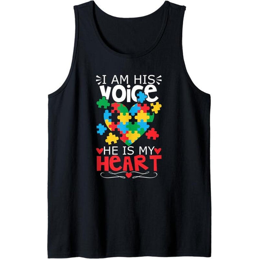 Autism Puzzle Piece Heart I Am His Voice Women's Autism Mom Tank Top MADE IN USA