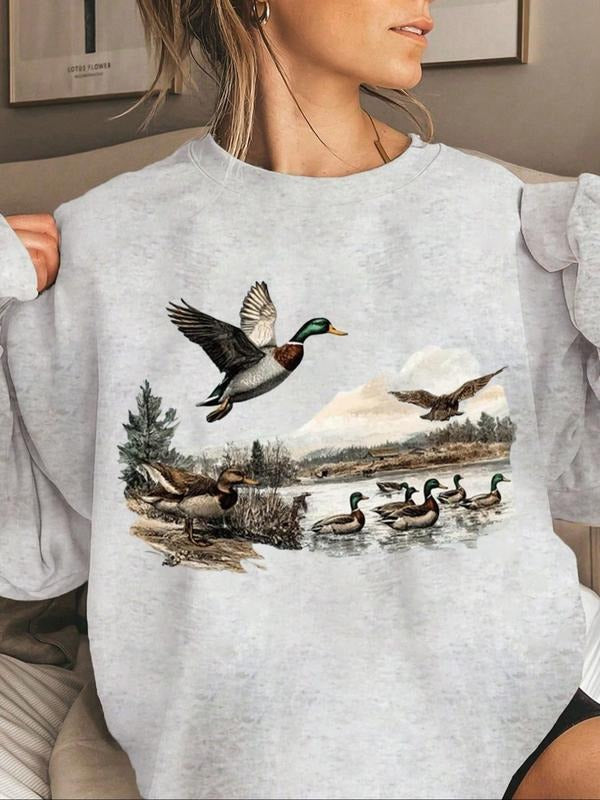 Autumn Winter Women'WB shield Casual Loose-Fit Pullover Long Sleeve Sweatshirt with Duck Animal Print, Thicker Fabric,...